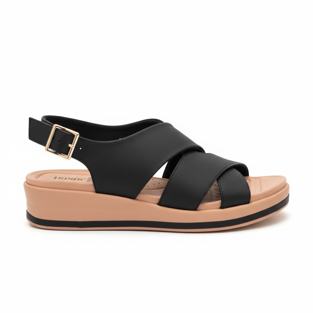Vista lateral sandalia negra cruzada X plataforma camel Ref 8078