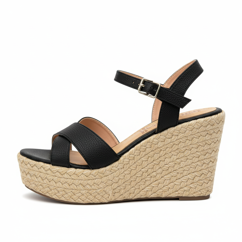 Vista lateral sandalia negra plataforma cuña yute Ref 8181