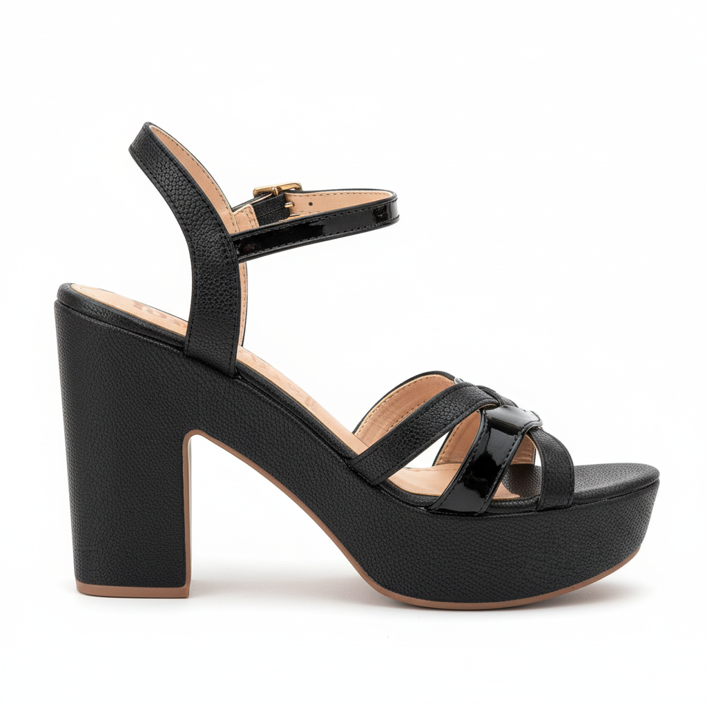 Vista lateral sandalia negra tacón bloque correas cruzadas pebbled charol Ref 8199