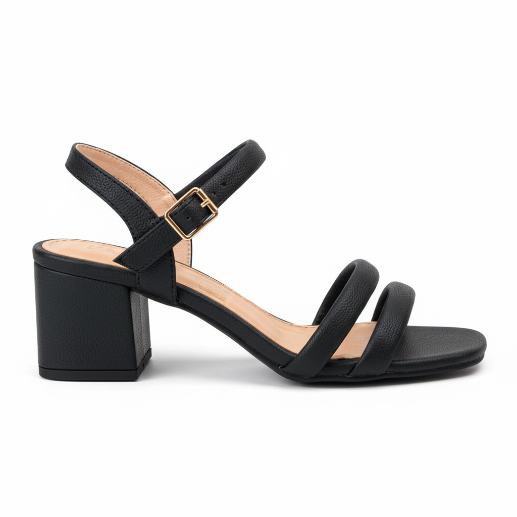 Vista lateral sandalia negra tacón bloque dos tiras Ref 7589