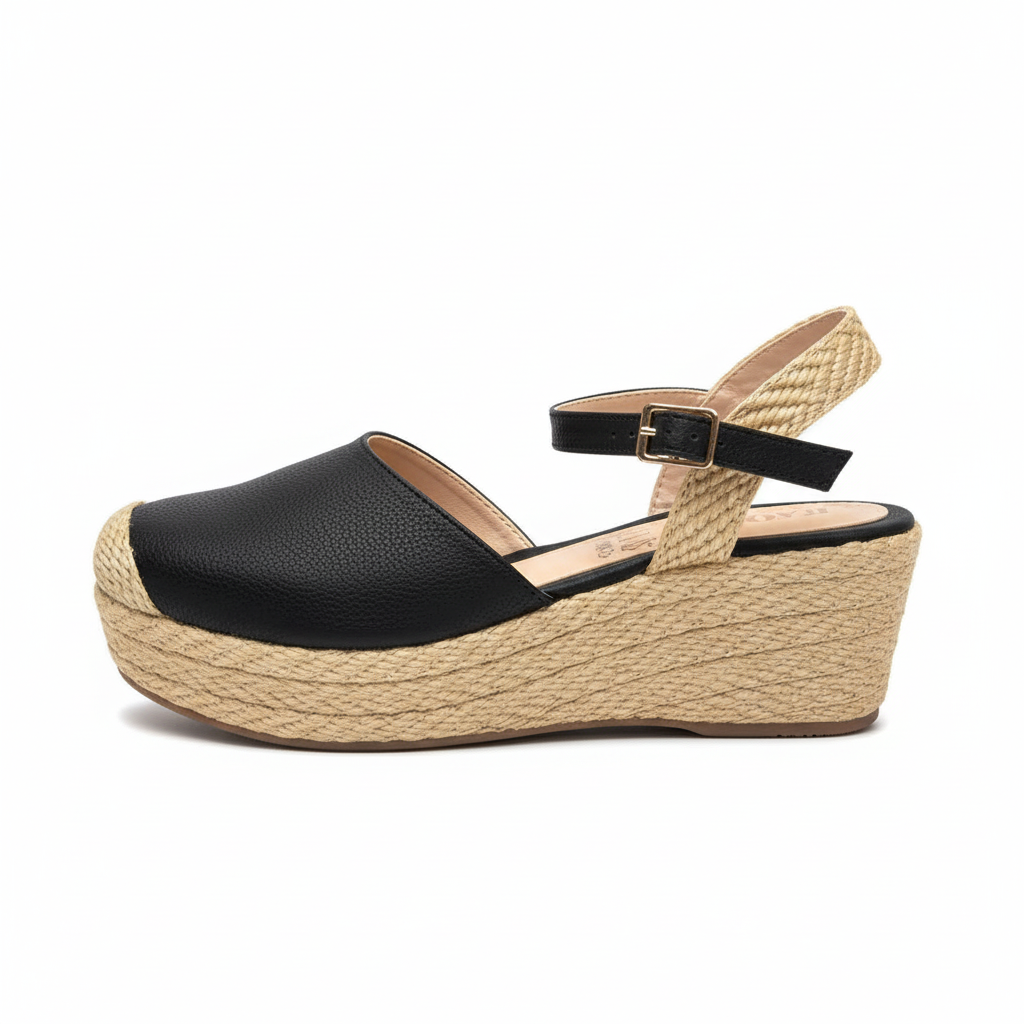 Vista lateral sandalia negra tipo zueco plataforma yute Ref 7763