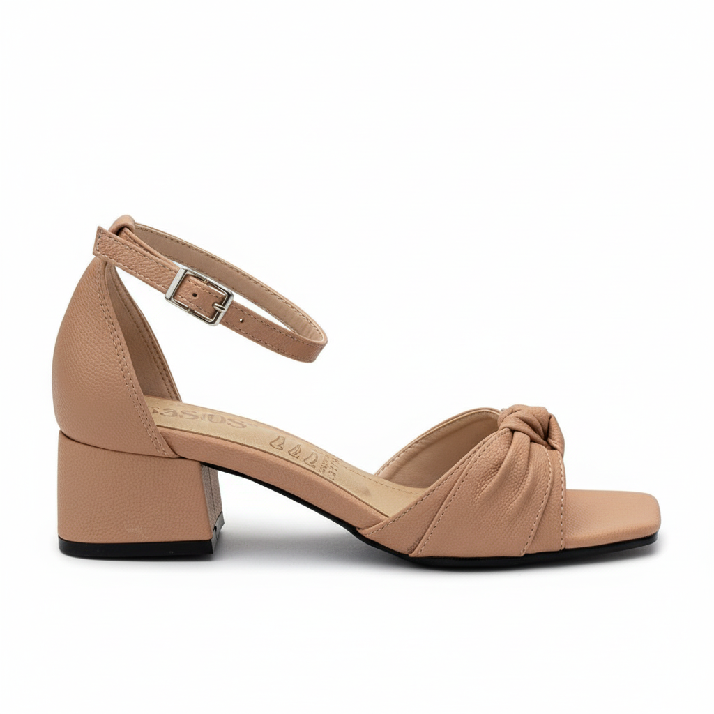 Vista lateral sandalia nude rosado tacón bloque con nudo Ref 8174