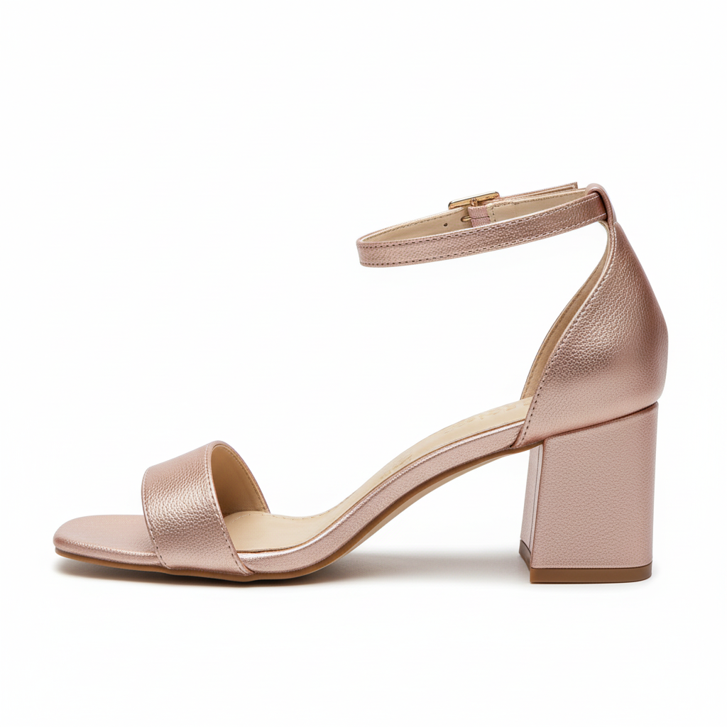 Vista lateral sandalia oro rosa tacón bloque Ref 7611