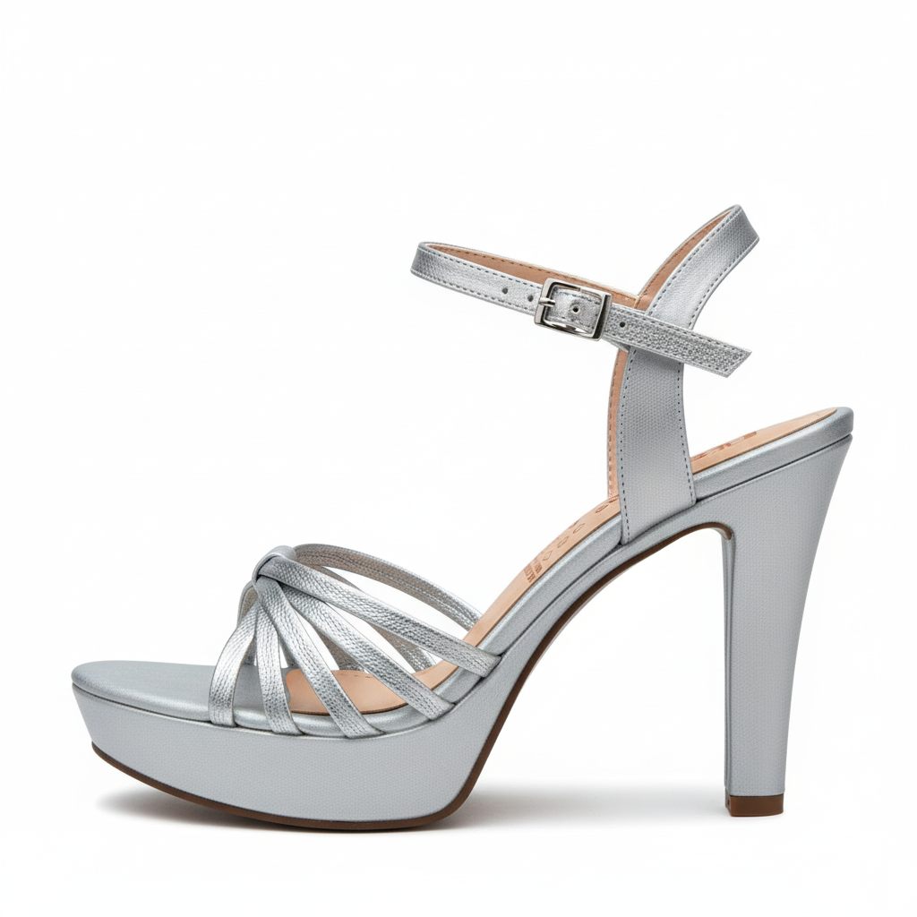 Vista lateral sandalia plateada con tiras cruzadas y plataforma Ref 8183