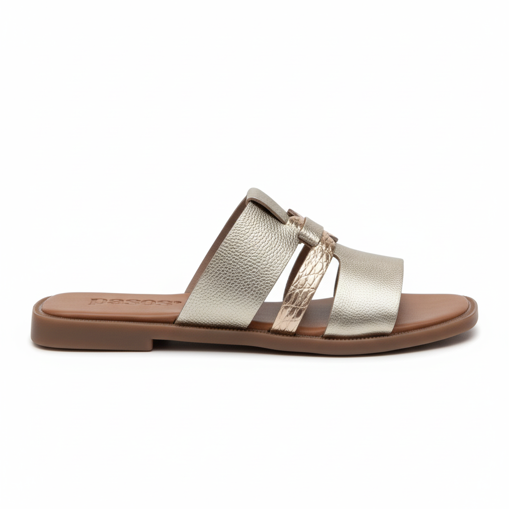 Vista lateral sandalia slide dorada - estilo de correas correcto