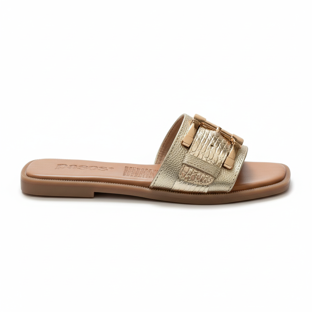 Vista lateral sandalia slide dorada