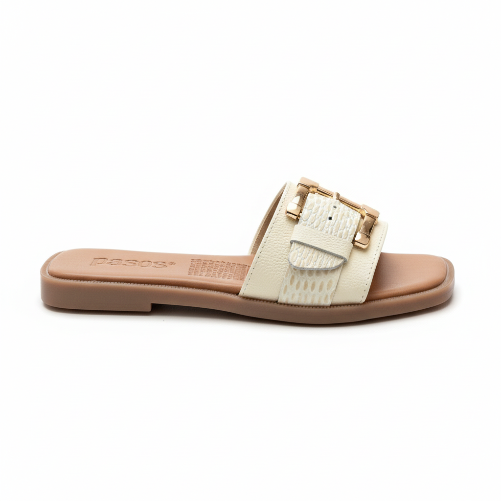 Vista lateral sandalia slide talco