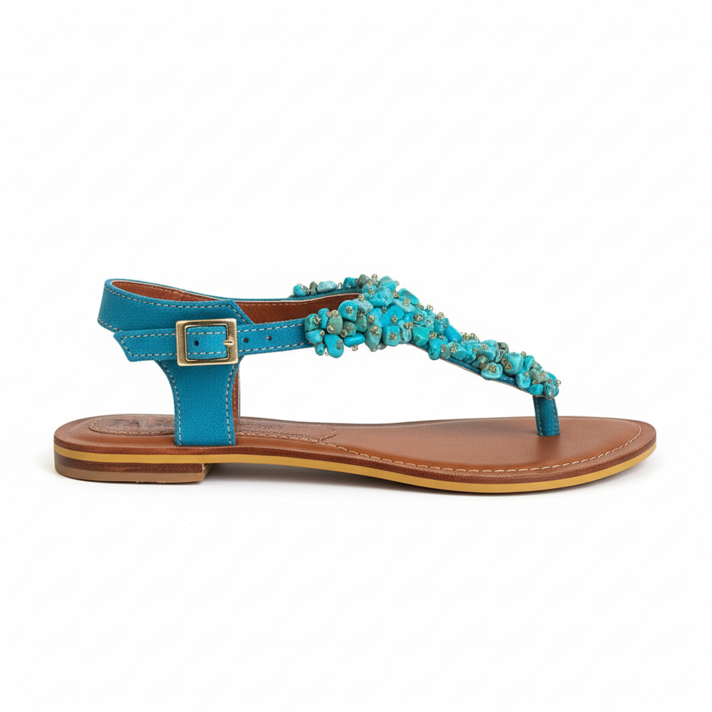 Vista lateral sandalia T-strap azul celeste con pedrería