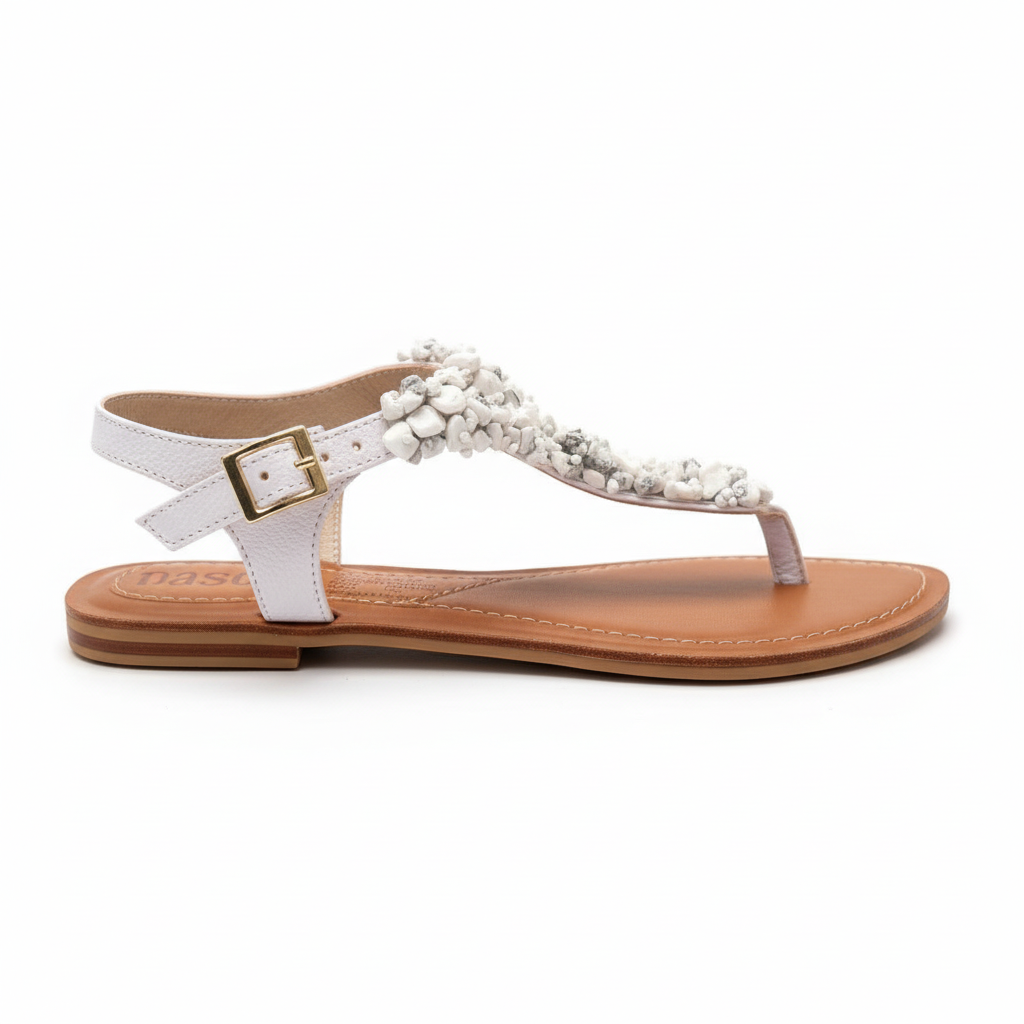 Vista lateral sandalia T-strap blanca - exacta a la original