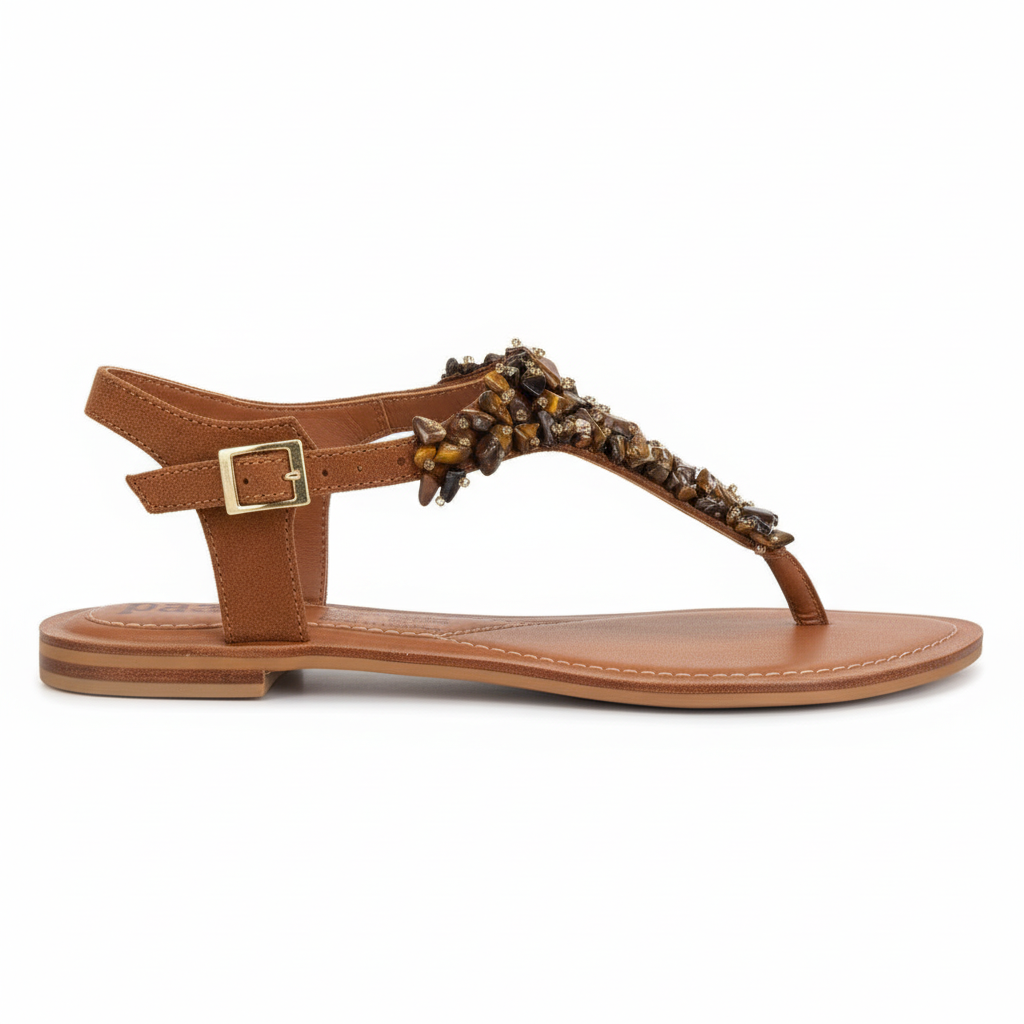 Vista lateral sandalia T-strap miel con pedrería