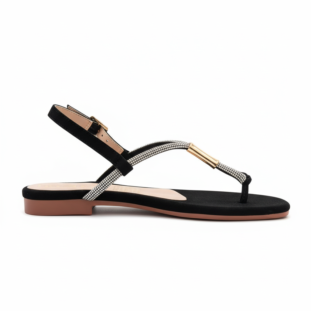 Vista lateral sandalia T-strap negra - lado opuesto