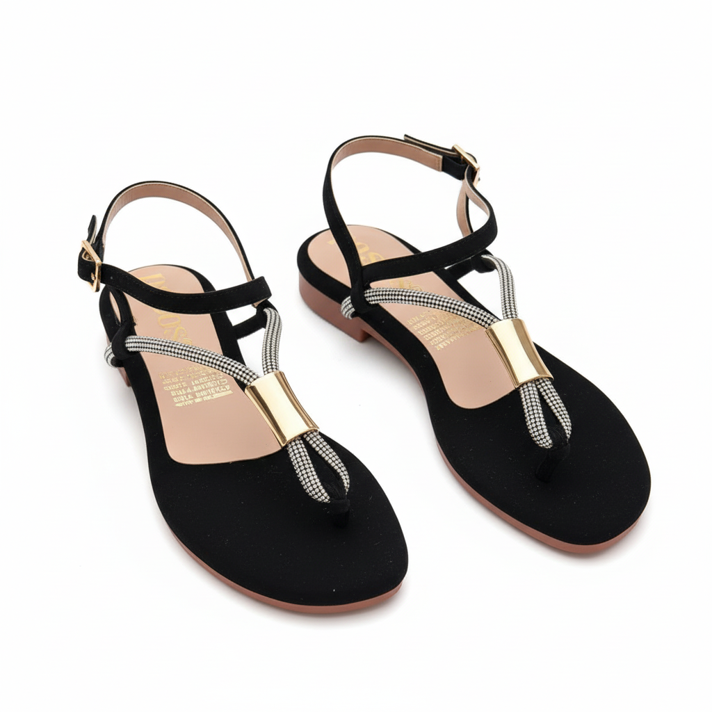 Vista lateral sandalia T-strap negra - mirando al otro lado
