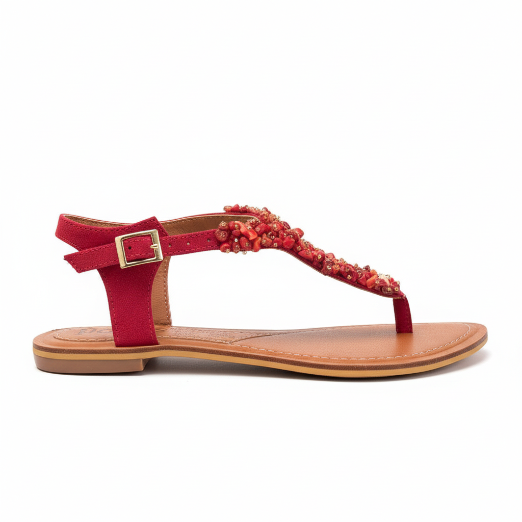 Vista lateral sandalia T-strap roja con pedrería