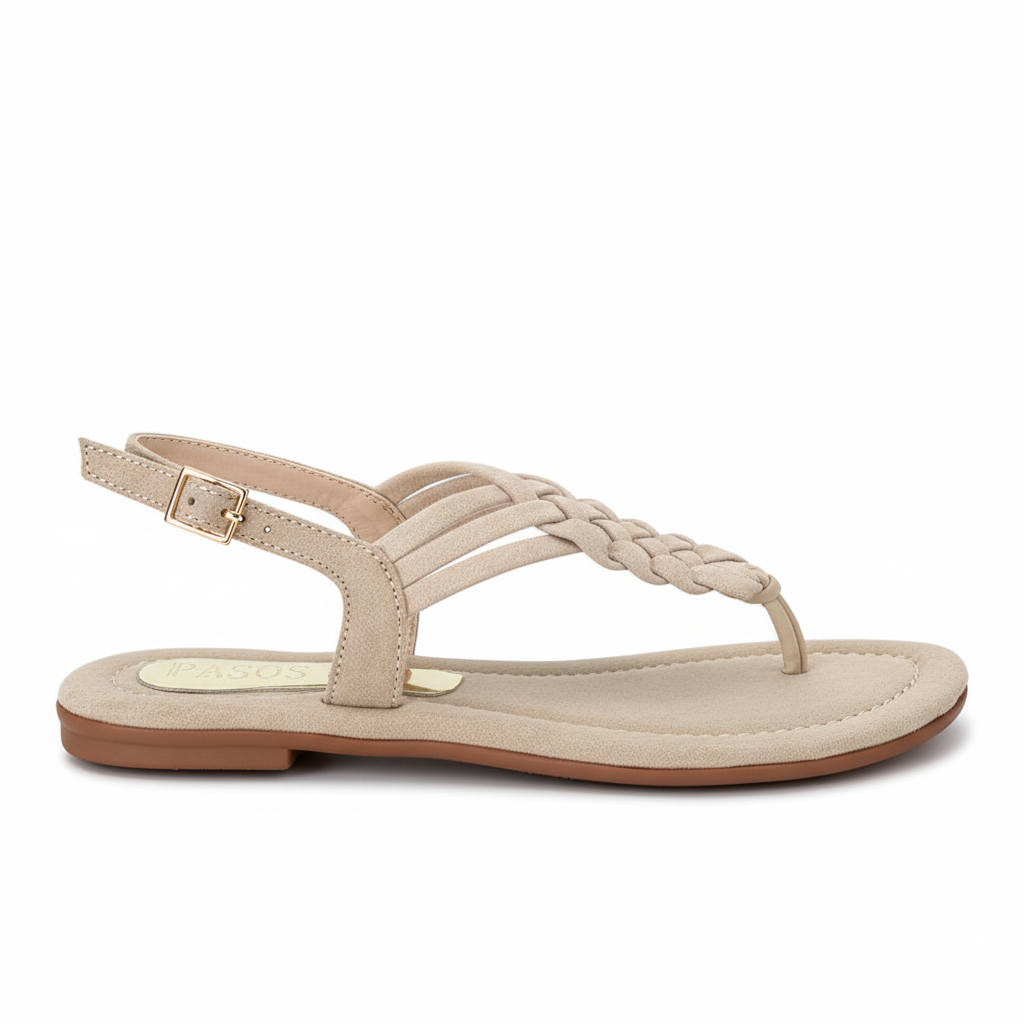 Vista lateral sandalia thong beige