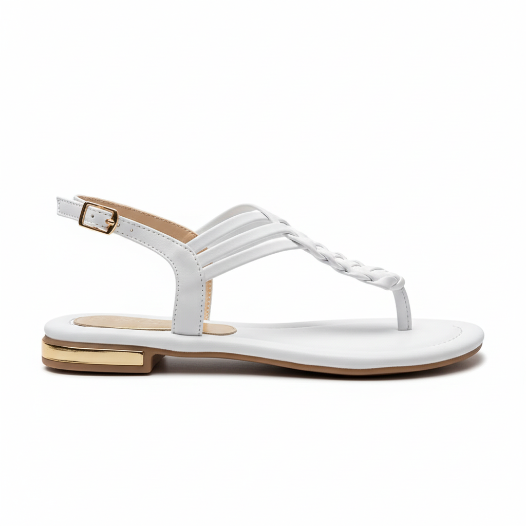 Vista lateral sandalia thong blanca - con detalle dorado