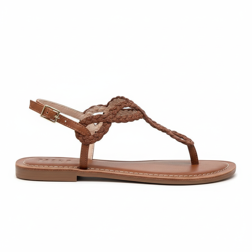 Vista lateral sandalia thong café