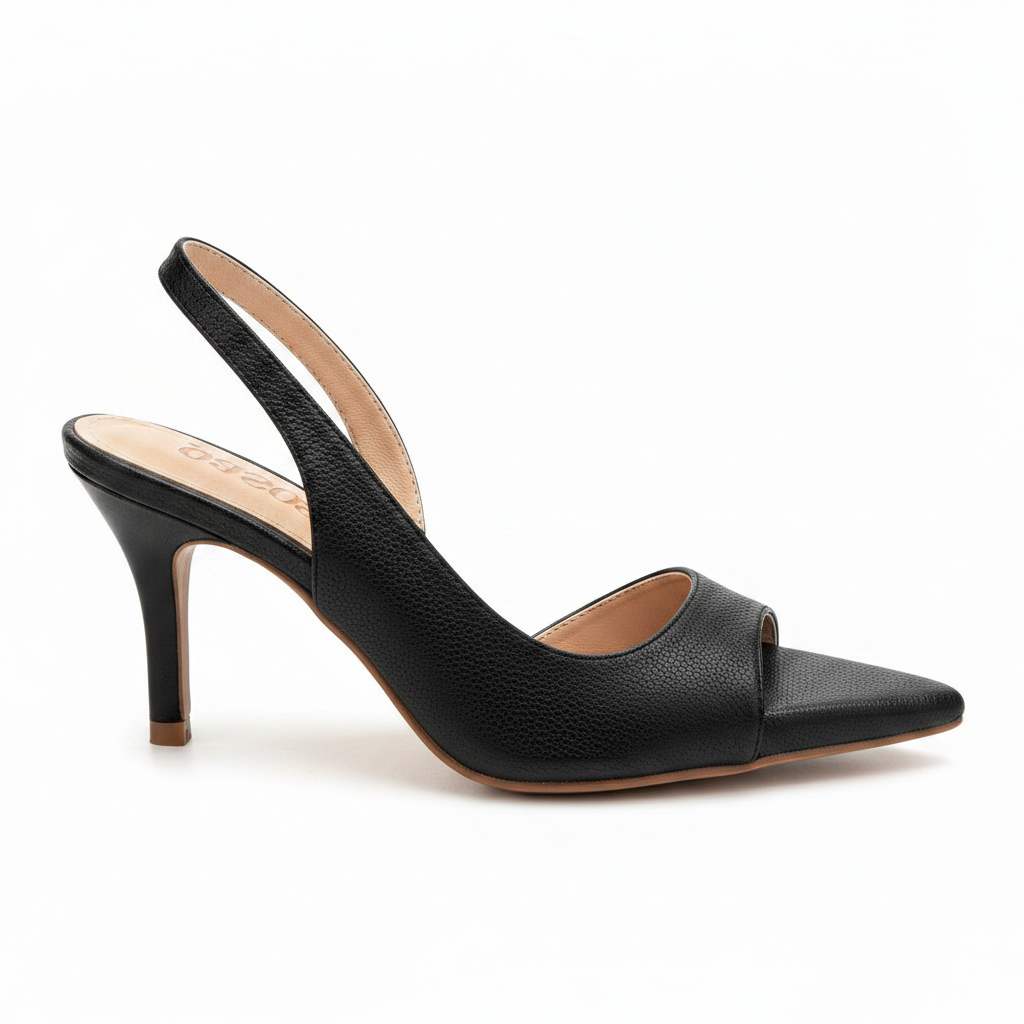 Vista lateral slingback negro pebbled stiletto d'Orsay cap toe Ref 8202