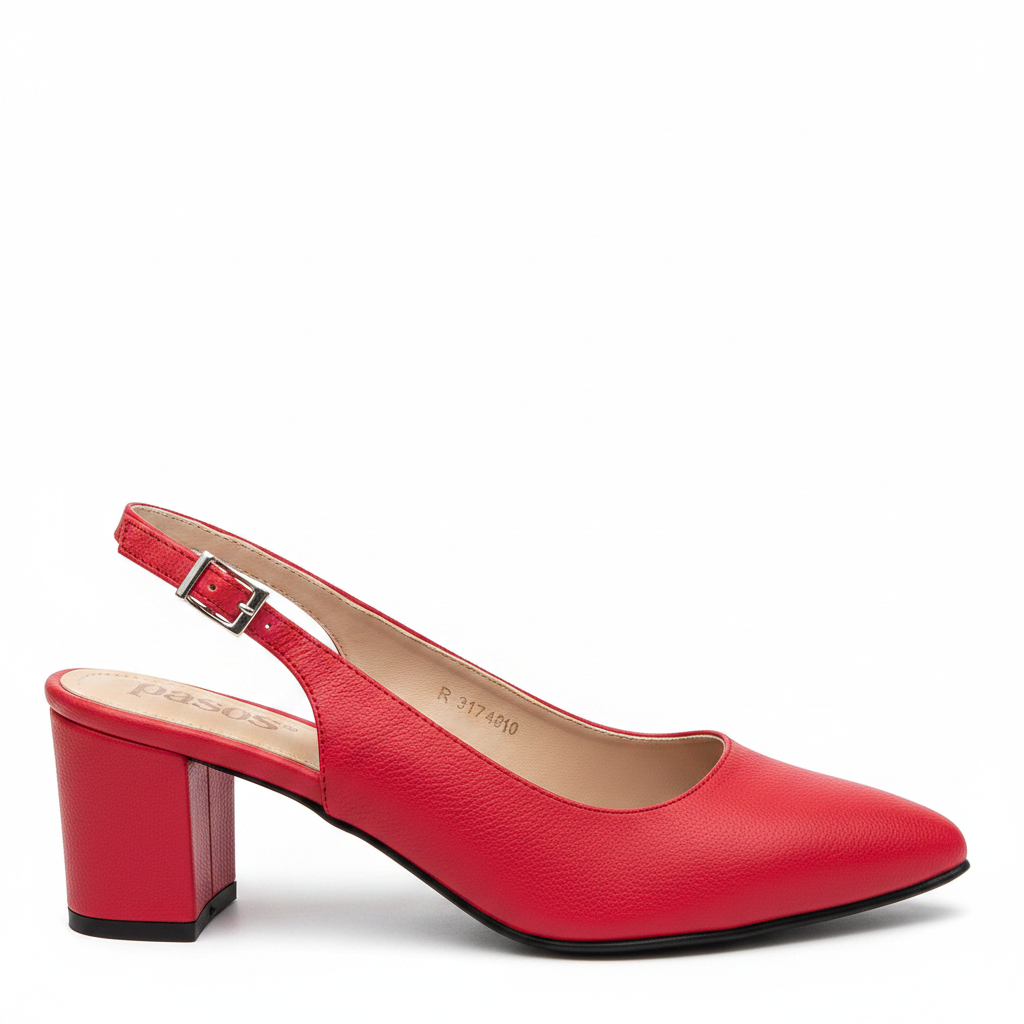 Vista lateral slingback rojo tacón bloque punta puntiaguda borde negro Ref 7320
