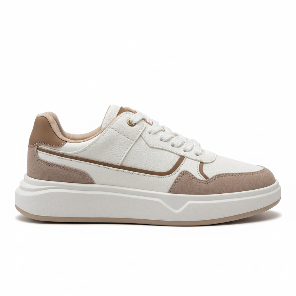 Vista lateral zapatilla deportiva blanca con detalles beige Ref 7932