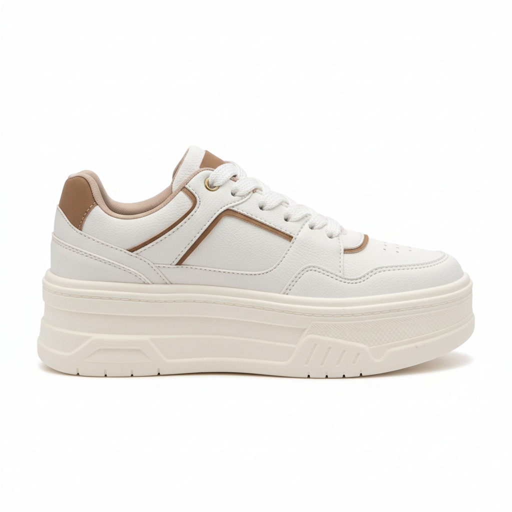 Vista lateral zapatilla deportiva blanca con detalles beige Ref 7943