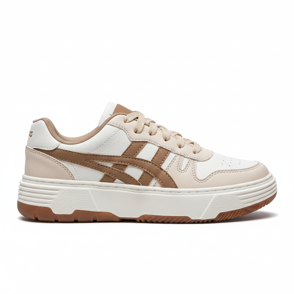 Vista lateral zapatilla deportiva blanca con detalles beige y café Ref 7983 - exacta a la imagen