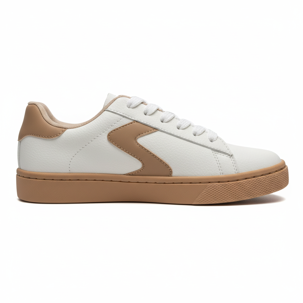 Vista lateral zapatilla deportiva blanca con detalles camel Ref 8064 - exacta a la imagen