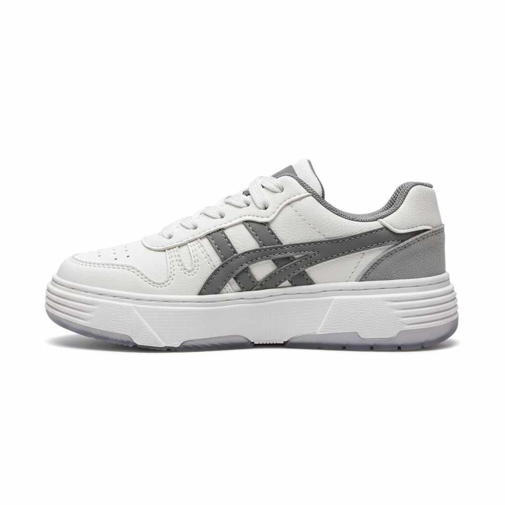 Vista lateral zapatilla deportiva blanca con detalles grises Ref 7983