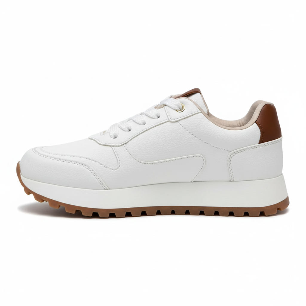 Vista lateral zapatilla deportiva blanca con detalles marrones Ref 7847
