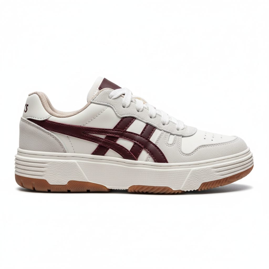 Vista lateral zapatilla deportiva blanca con detalles vinotinto Ref 7983 - exacta a la imagen