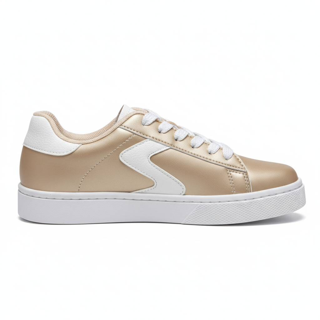 Vista lateral zapatilla deportiva dorada con detalles blancos Ref 8064 - exacta a la imagen