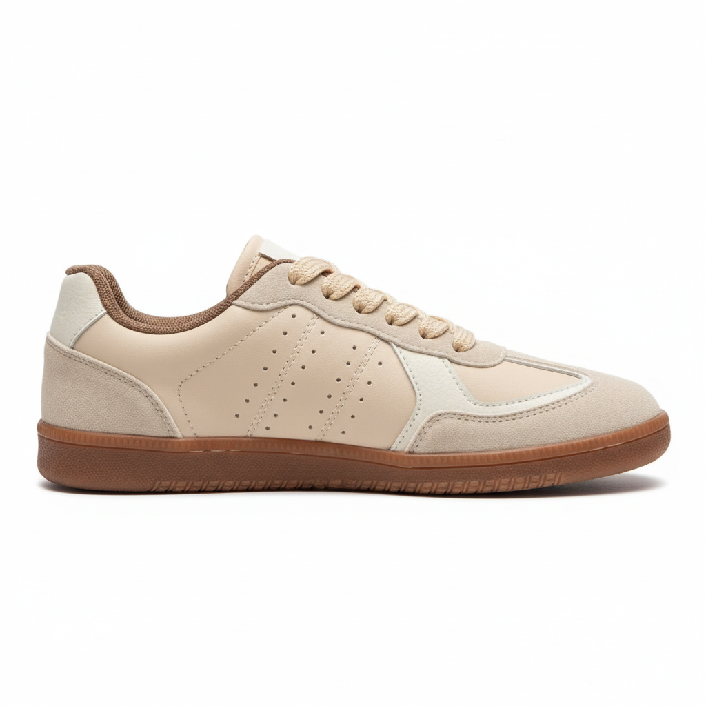 Vista lateral zapatilla deportiva gamuza beige con detalles blancos Ref 8131