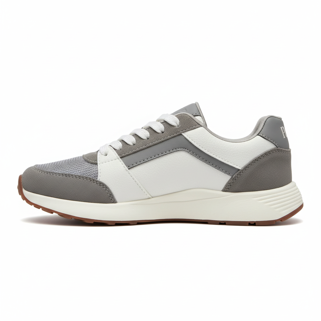 Vista lateral zapatilla deportiva gris y blanca Ref 7911 - una franja gris