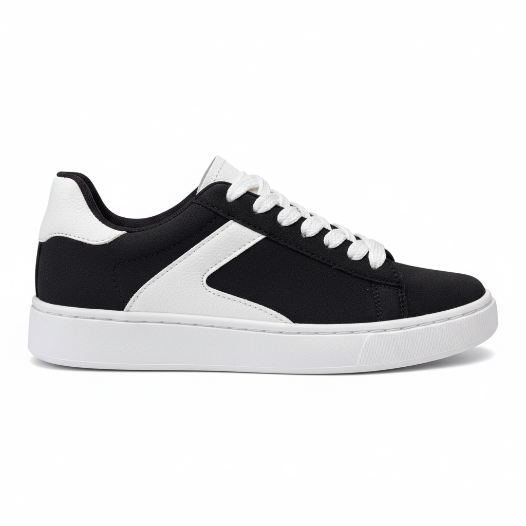Vista lateral zapatilla deportiva negra con detalles blancos Ref 8064 - exacta a la imagen