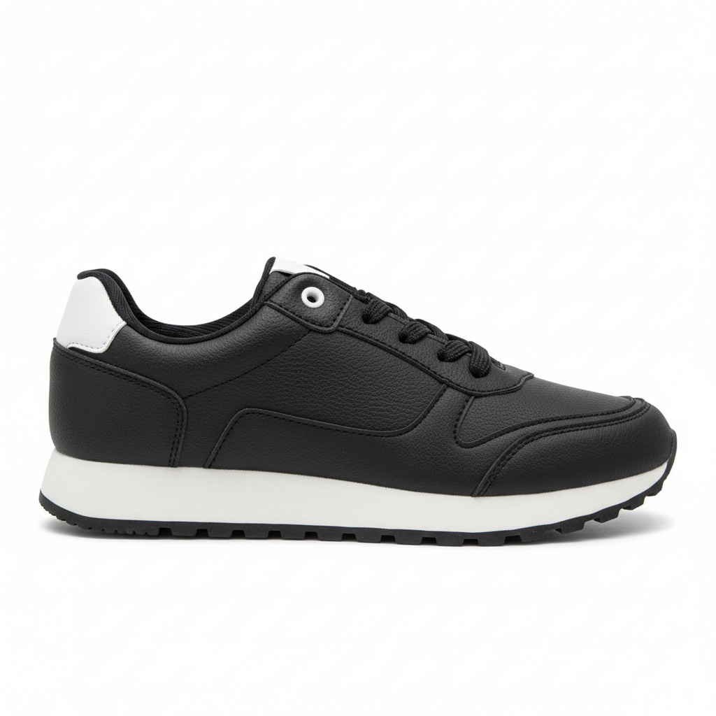 Vista lateral zapatilla deportiva negra Ref 7847 - suela blanca con base negra