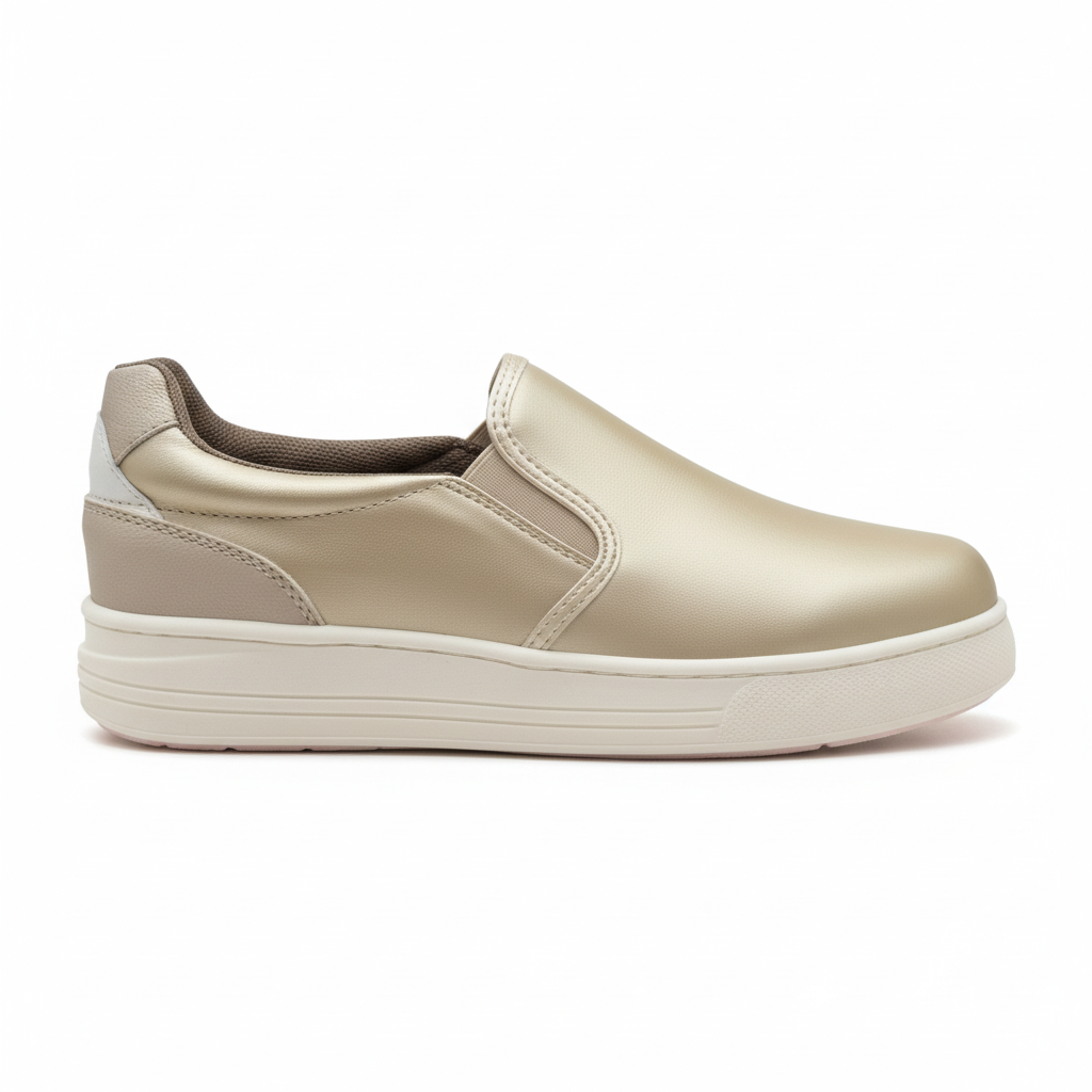 Vista lateral zapatilla slip-on champaña con elásticos laterales y plataforma Ref 8188