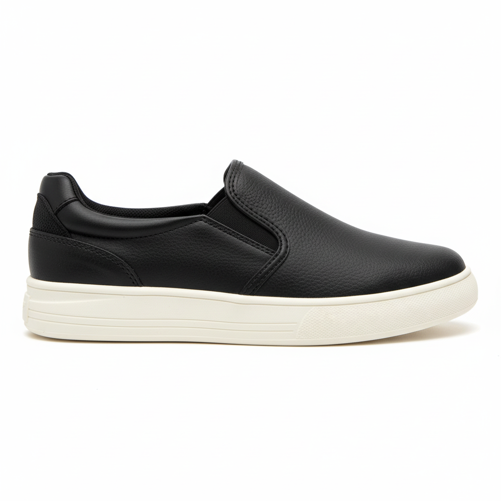 Vista lateral zapatilla slip-on negra con elásticos laterales y plataforma Ref 8188