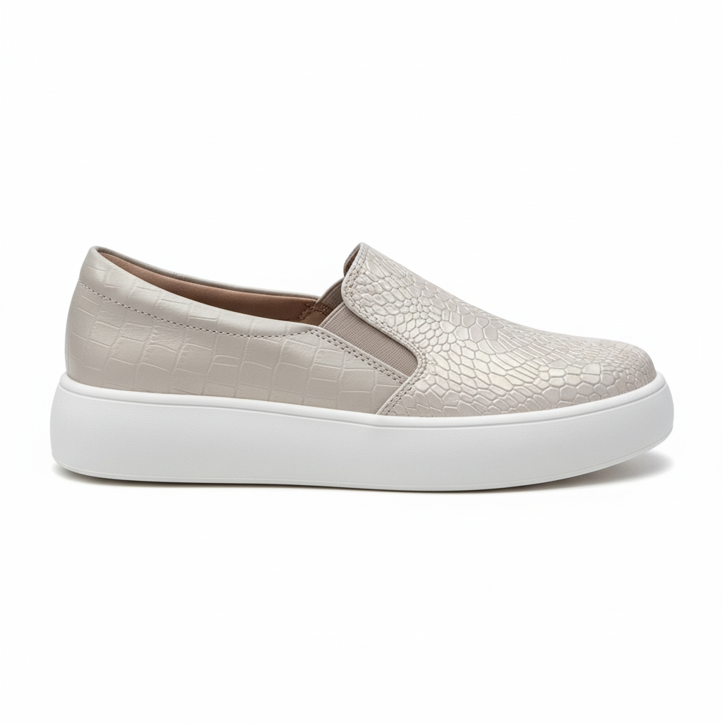 Vista lateral zapatilla slip-on perla con textura cocodrilo y plataforma Ref 8105