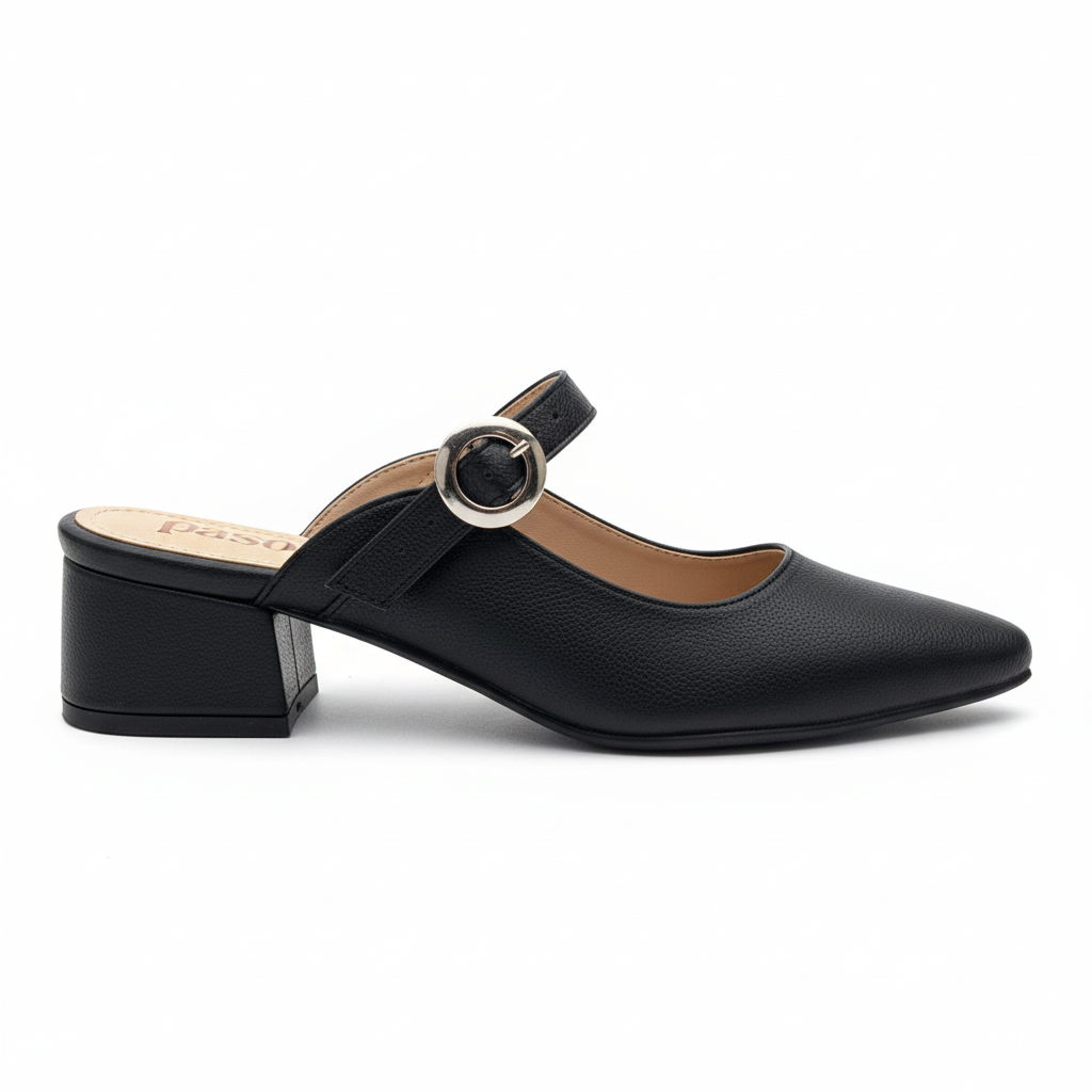 Vista lateral zapato Mary Jane negro tacón bloque Ref 8175