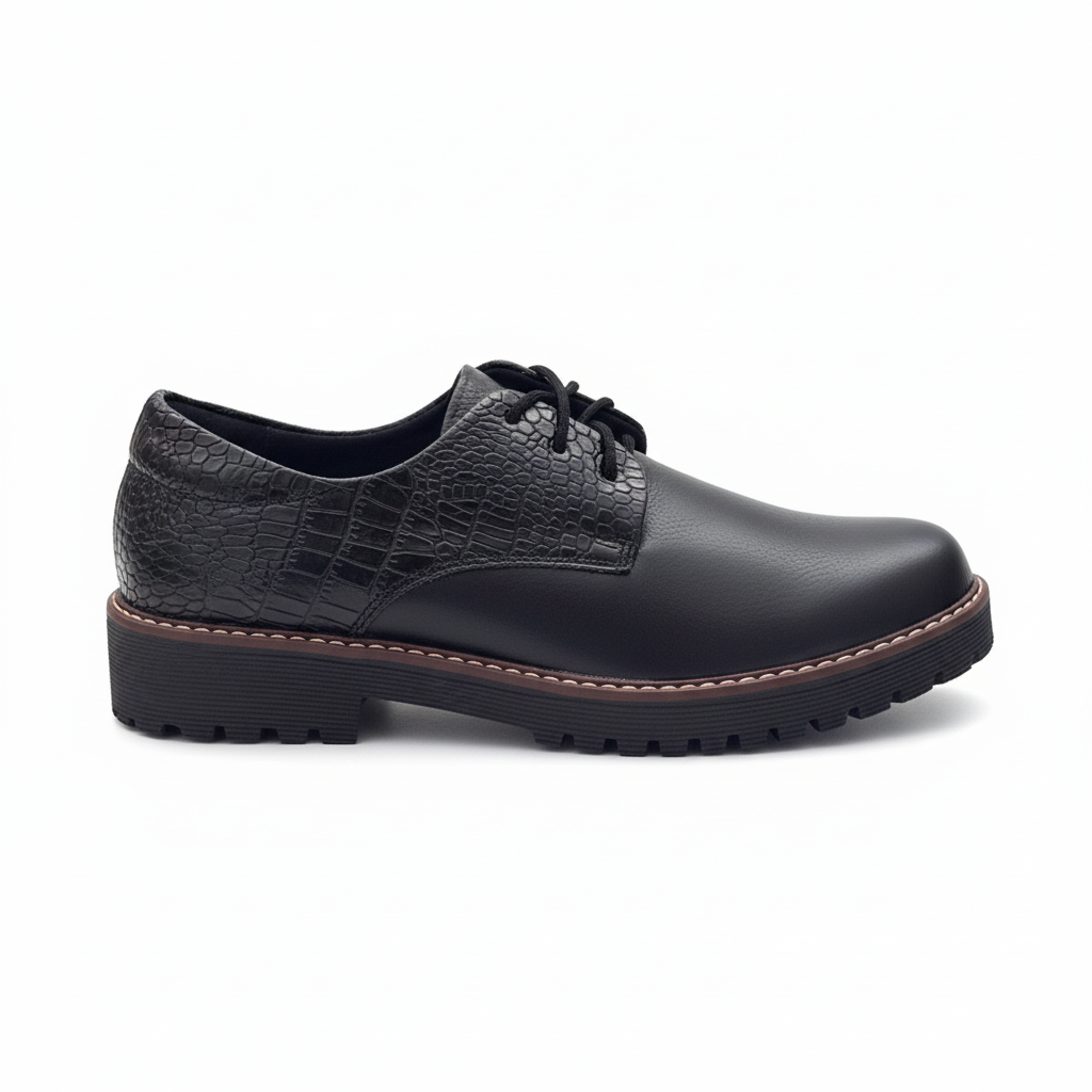 Vista lateral zapato oxford negro con cordones y texturas mixtas Ref 8106
