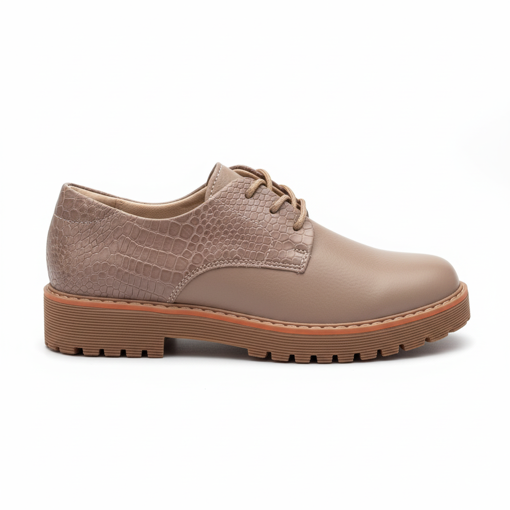 Vista lateral zapato oxford nude con cordones y texturas mixtas Ref 8106