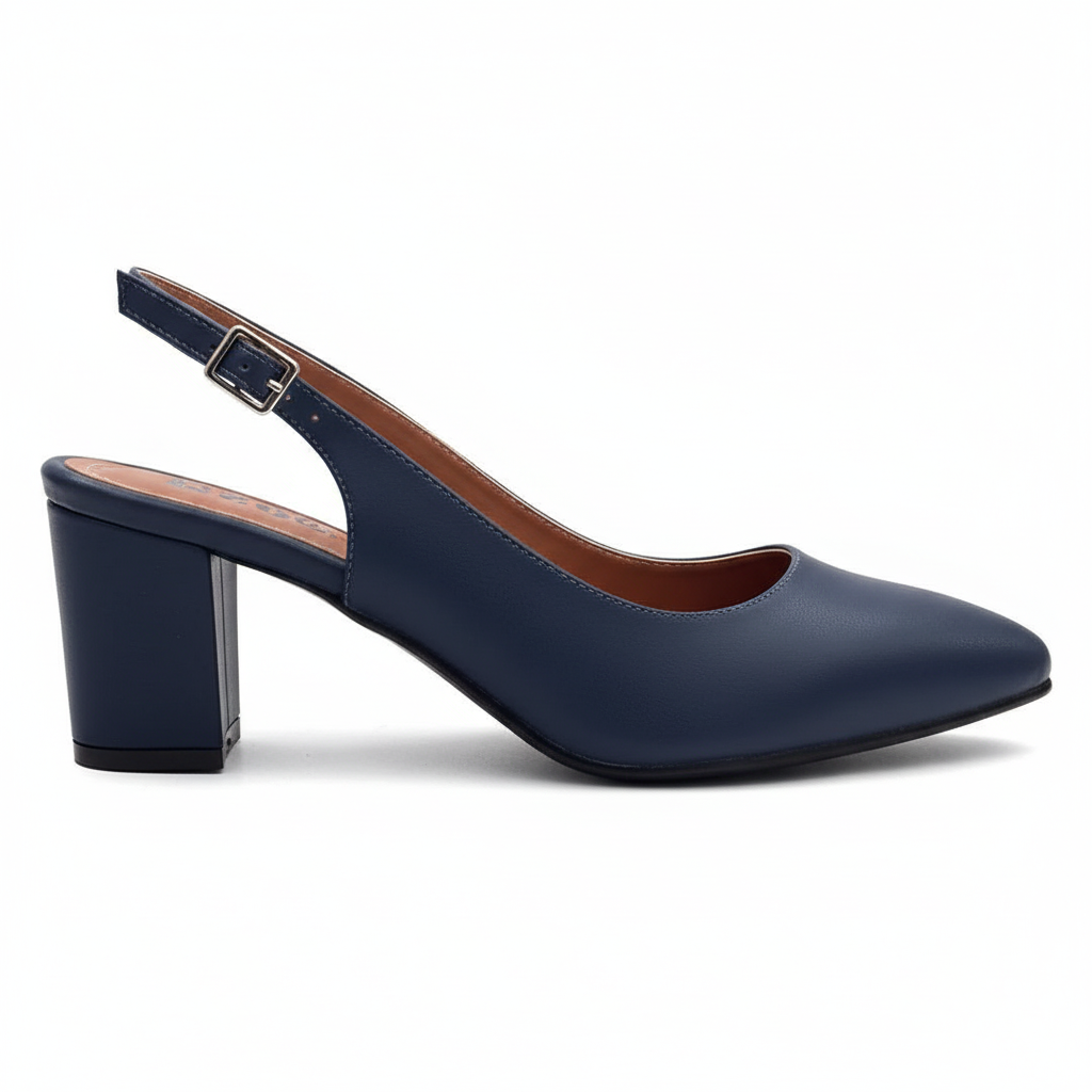 Vista lateral zapato slingback azul tacón bloque Ref 7320