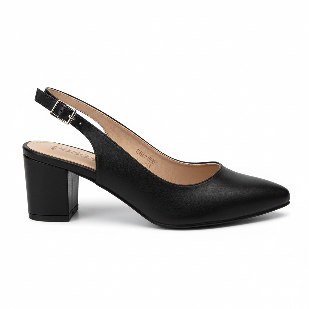 Vista lateral zapato slingback negro tacón bloque Ref 7320