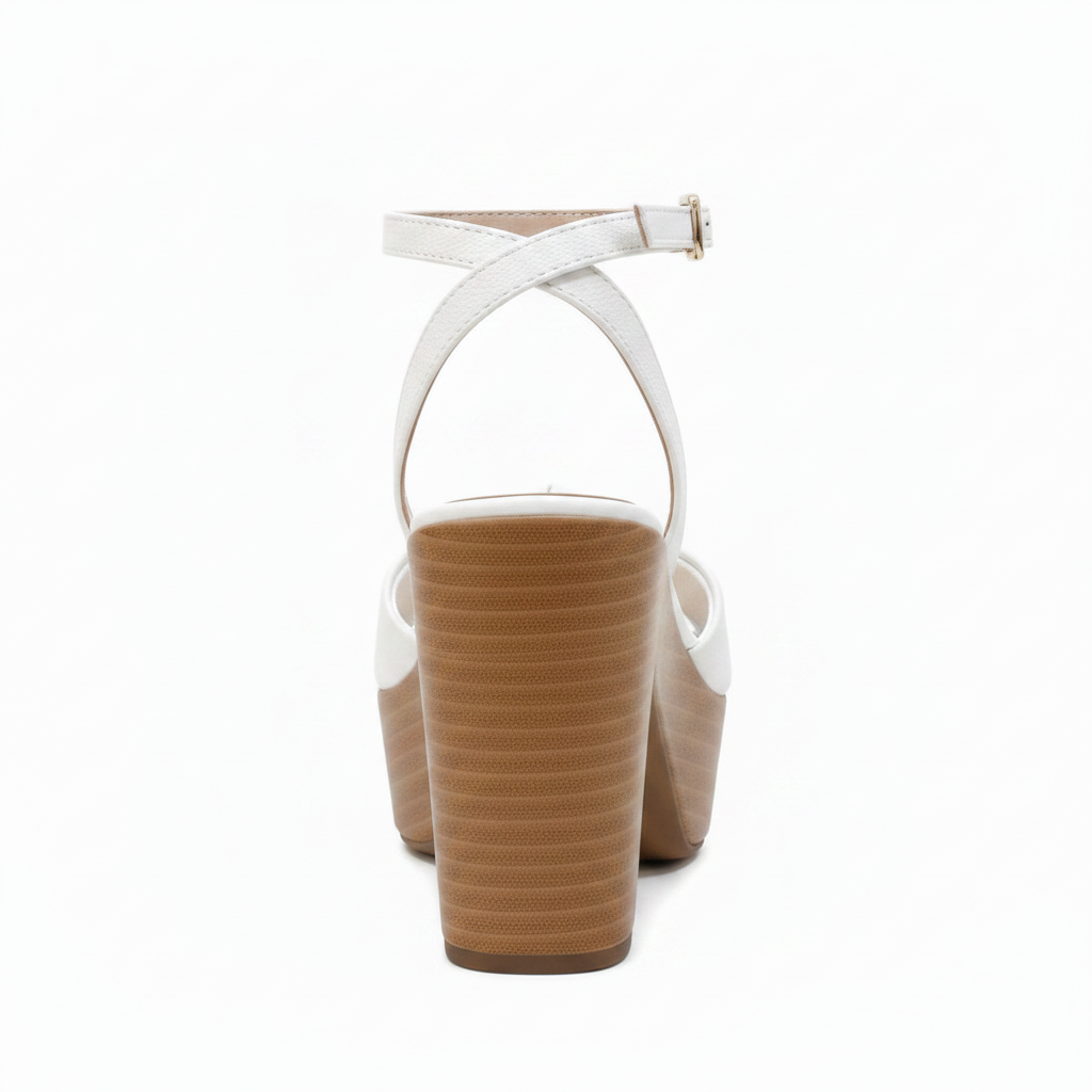 Vista trasera sandalia blanca correas X tacón bloque madera camel Ref 5889