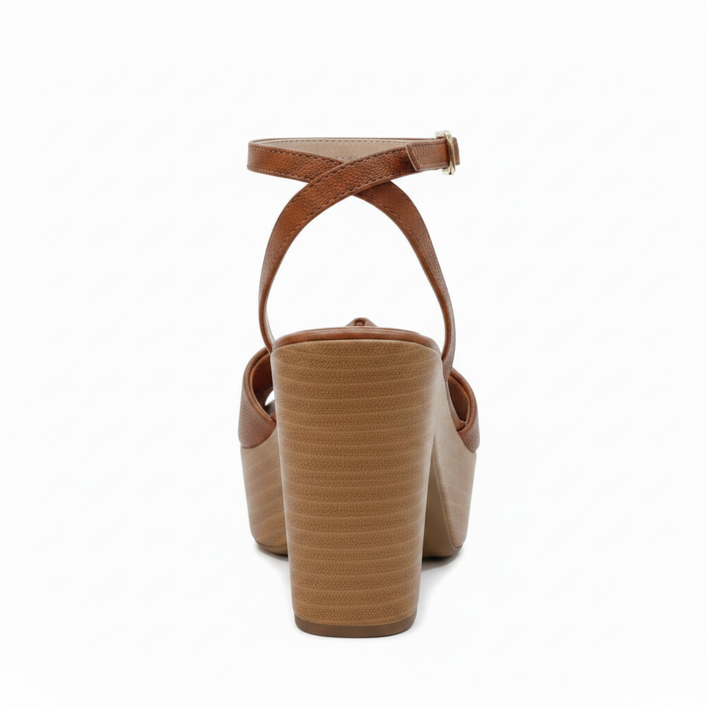Vista trasera sandalia cognac knot tacón bloque madera plataforma Ref 5889